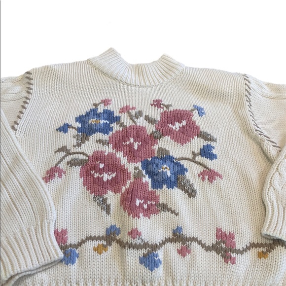 Vintage Liz Sport Petite SM Knit Sweater Cream Floral Embroidery Grannycore Y2k - Picture 9 of 12